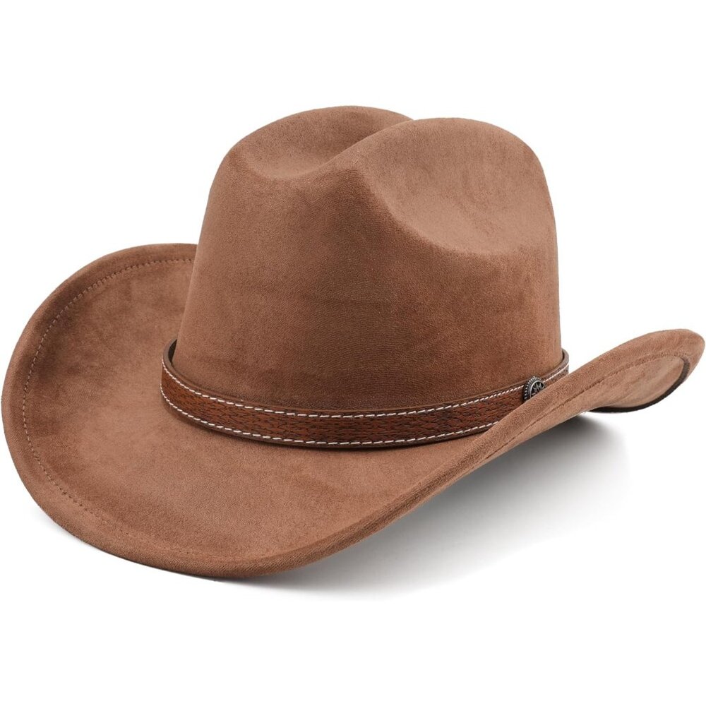 Unisex Coffee Western Faux Stitched Leather Band Classic Fedora Cowboy Felt Hat